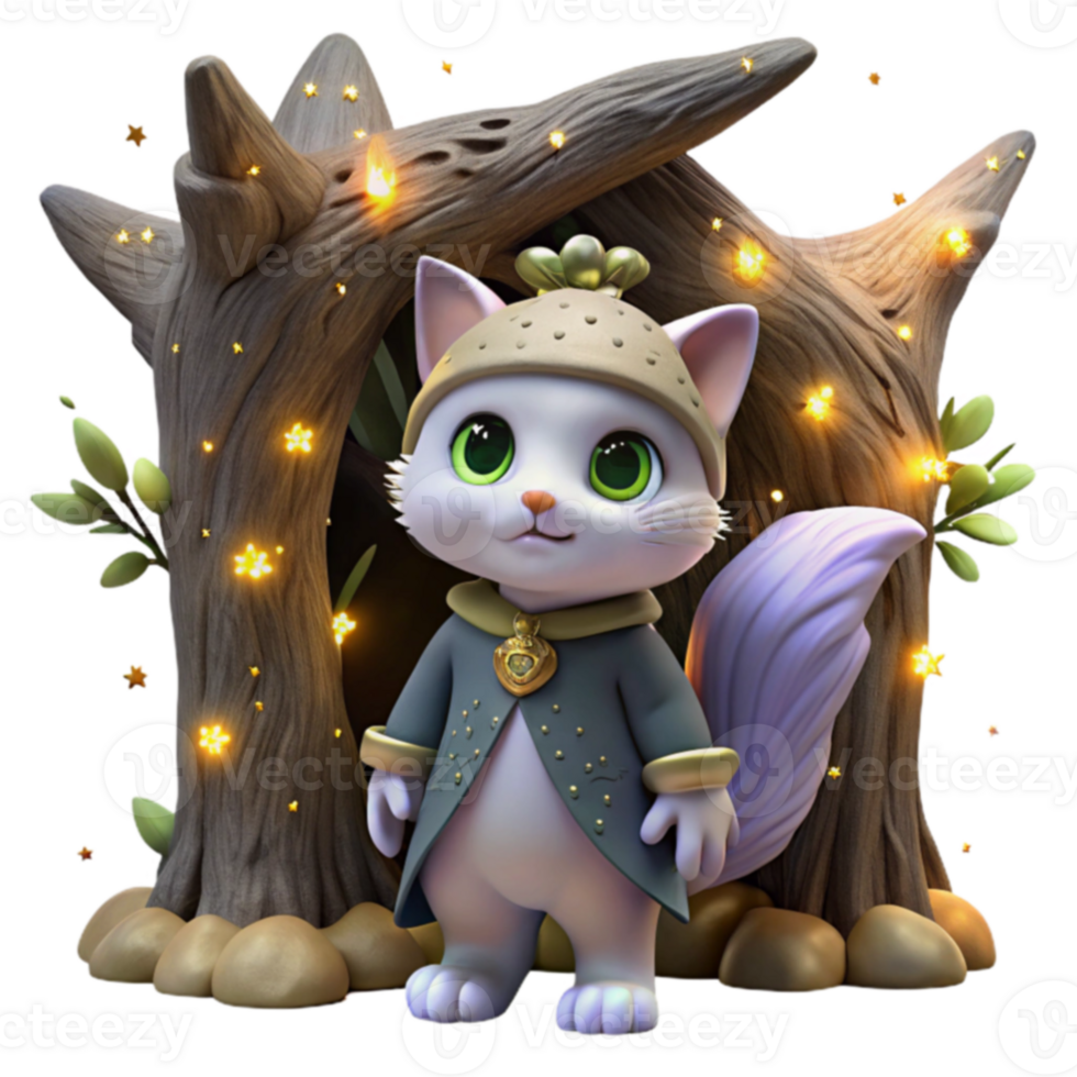 Enchanted Forest Kitten Magical Creature in a Cozy Tree png