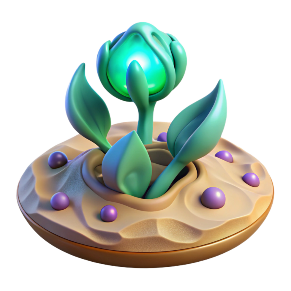 beautiful vintage Luminous 3D Render of a Fantasy Plant Emerging from Sandy Soil, Enchanting Surreal Illustration with Glowing Orb original png