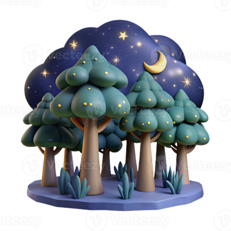 Night Forest 3D Cartoon Trees Under Starlit Sky png