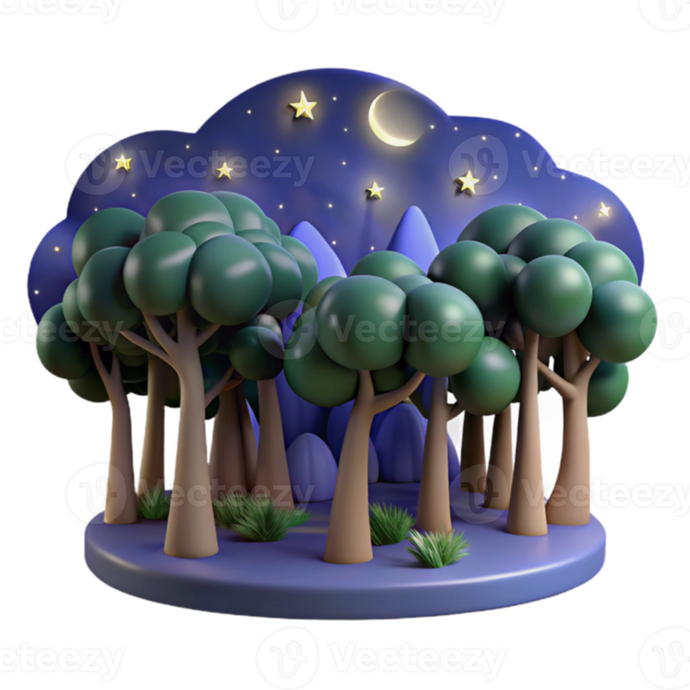 Night Forest 3D Render Moonlit Trees Stars png
