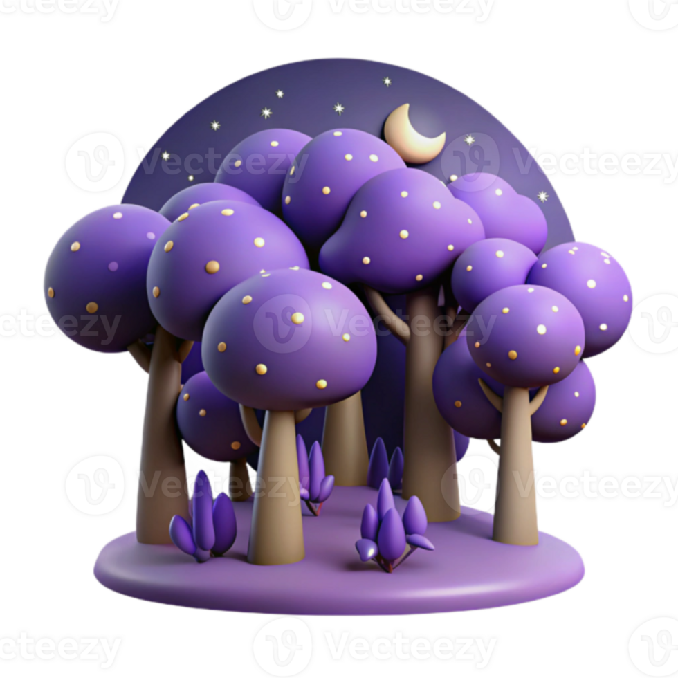 Enchanted Night Forest 3D Render of Purple Trees png