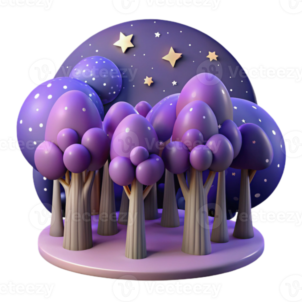 Enchanted Night Forest 3D Render of Purple Trees under Starry Sky png