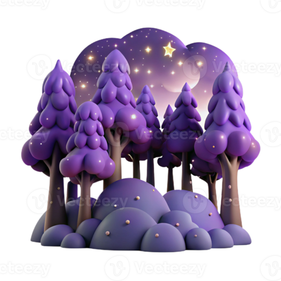 Enchanted Night Forest 3D Render of Magical Trees and Starry Sky png