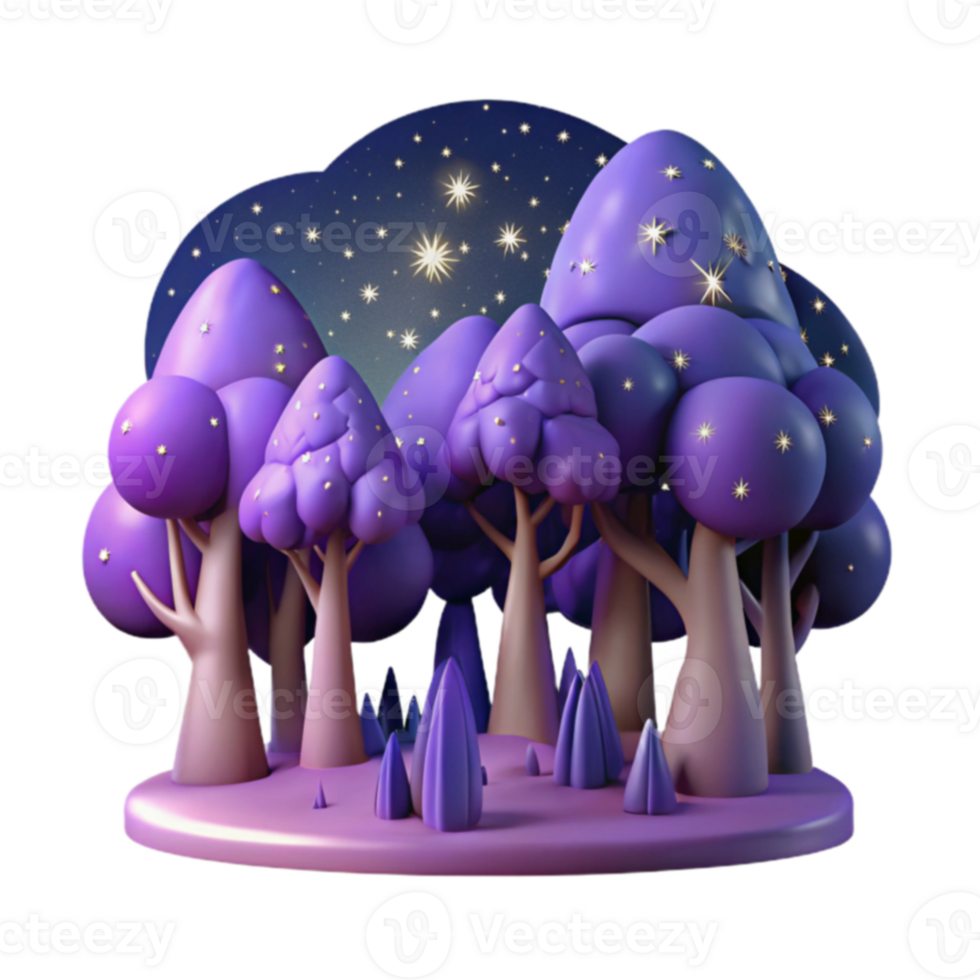 Enchanted Night Forest 3D Render of Magical Trees png