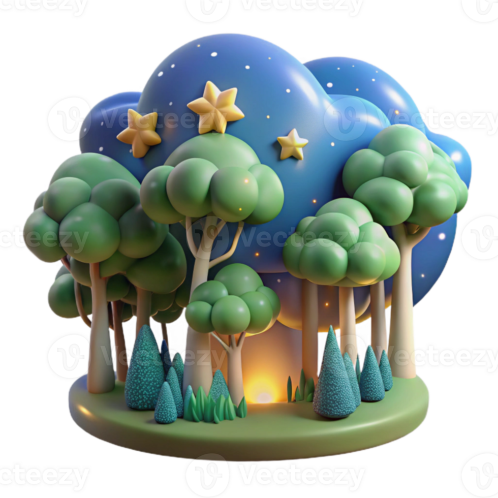 Enchanted Night Forest 3D Render of Magical Trees and Stars png