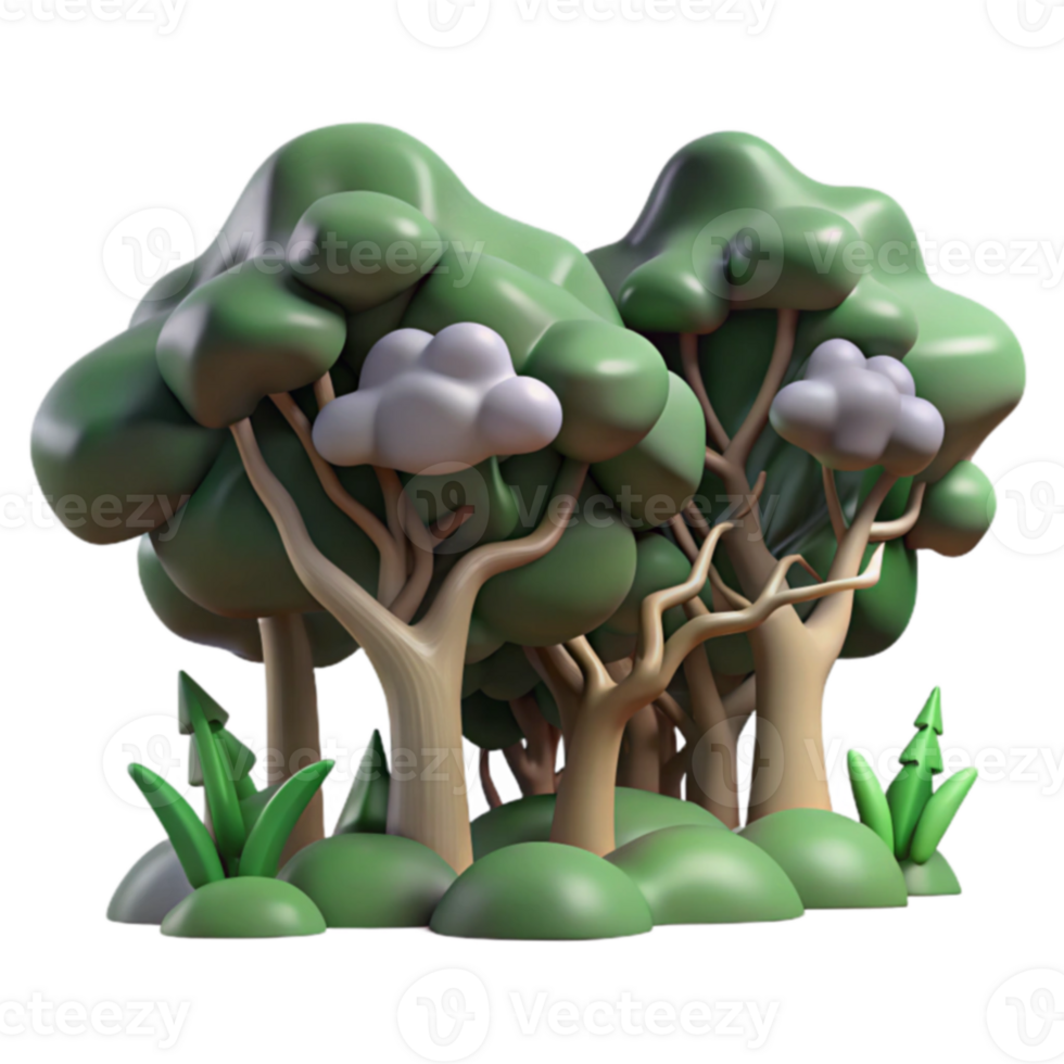 Cartoon Forest 3D Render of Lush Green Trees and Clouds png