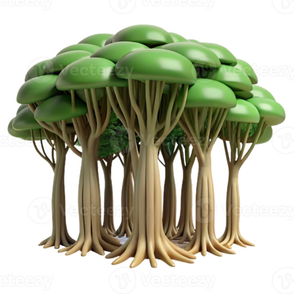 Cartoon Forest Lush Green Canopy, Thick Trunks, 3D Render png