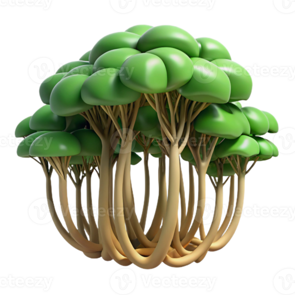 Cartoon Tree Cluster 3D Render of Intertwined Trunks and Lush Green Canopies png