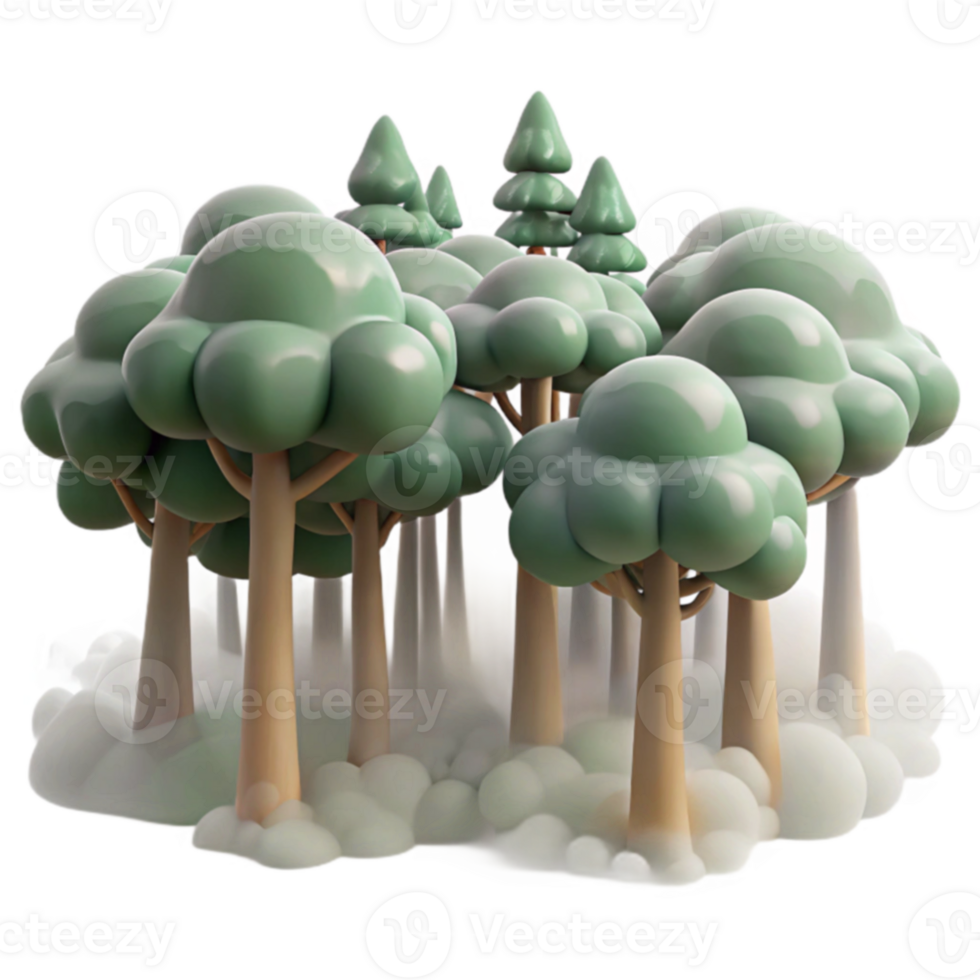 Enchanted 3D Forest Lush Trees in Misty Clouds png
