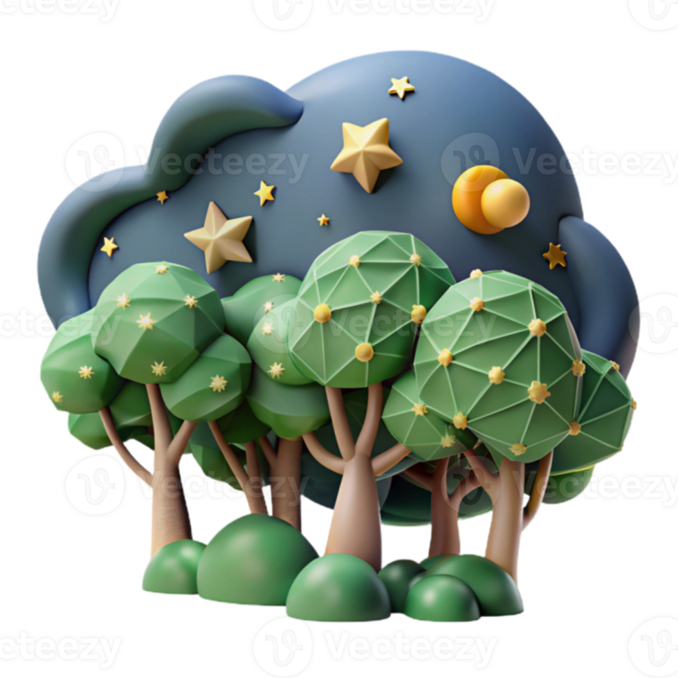 Night Sky over Geometric Forest 3D Render png