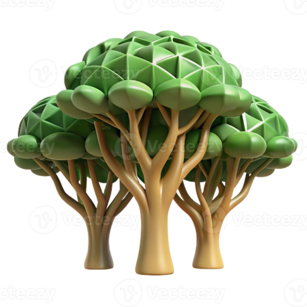 Stylized 3D Tree Model Geometric Foliage, Cartoonish Trunks png