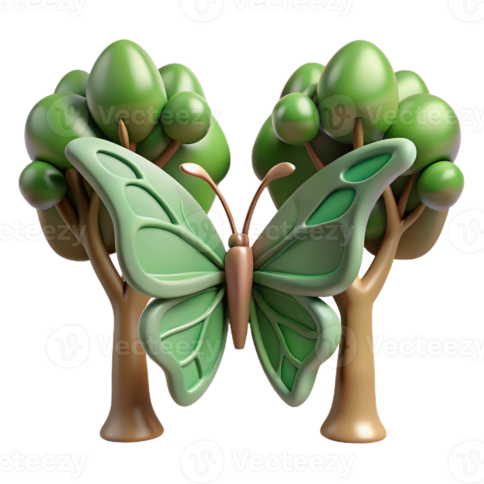 3D Render Green Butterfly Between Two Trees png