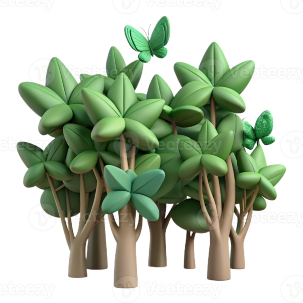 Cartoon Forest Green Trees, Butterflies, Nature png