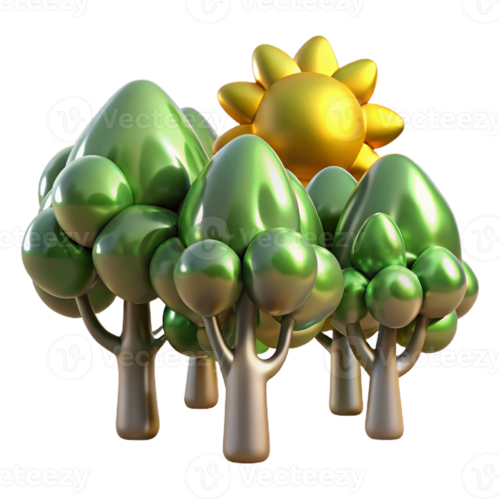 Shiny Green Trees and Golden Sun A 3D Render png