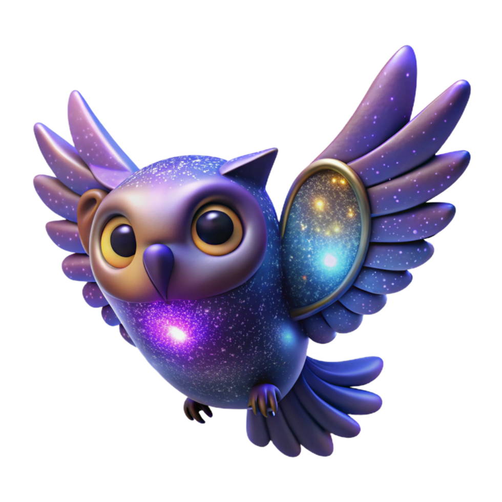 serene artistic Cosmic Owl 3D Render A whimsical illustration of a cute owl with galaxy themed wings and body, stars, nebulae, a magical creature of the night sky high resolution png