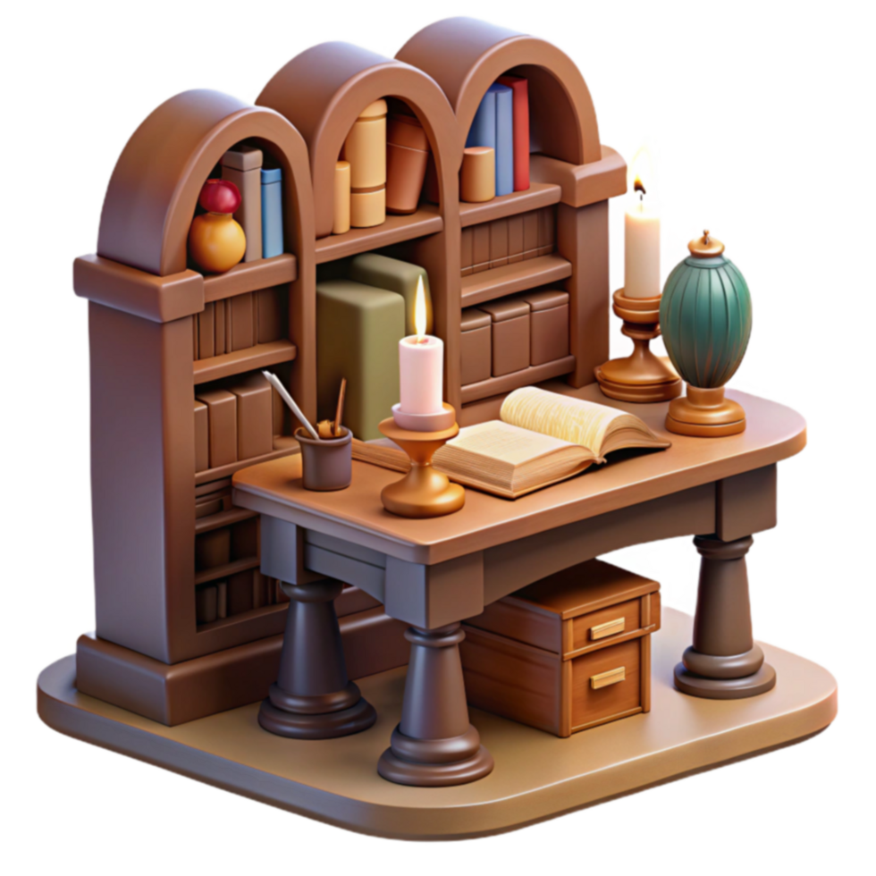 Medieval Study Books, Desk, and Candlelit Ambiance png