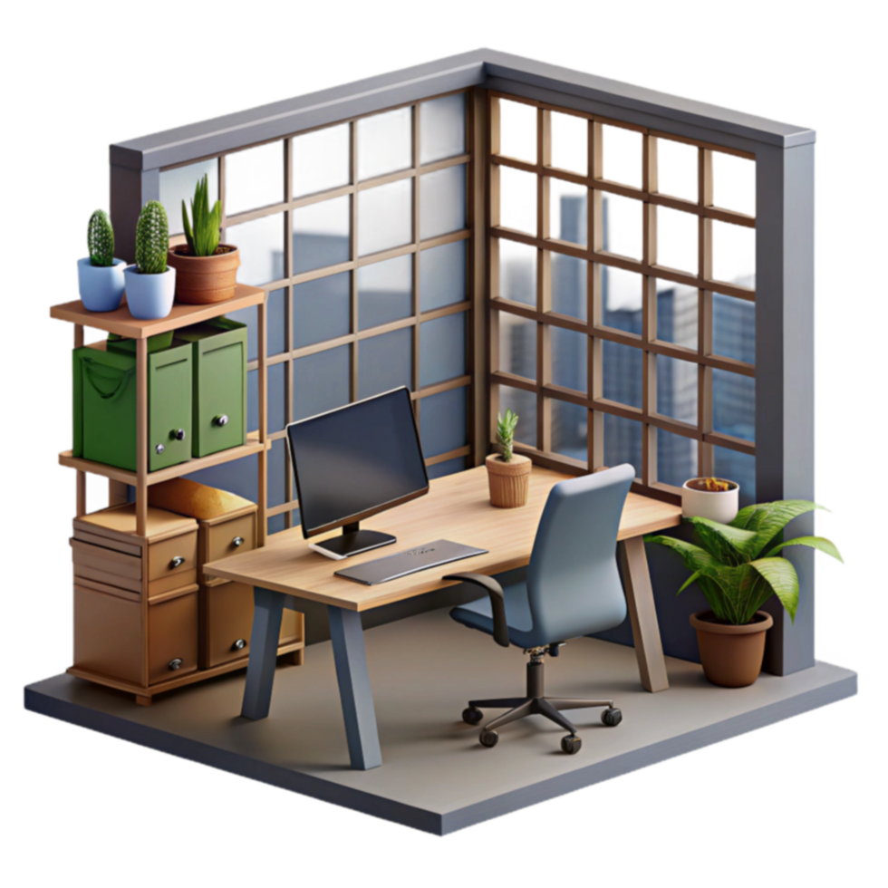 Modern Home Office Workspace Design Desk, Plants Storage png