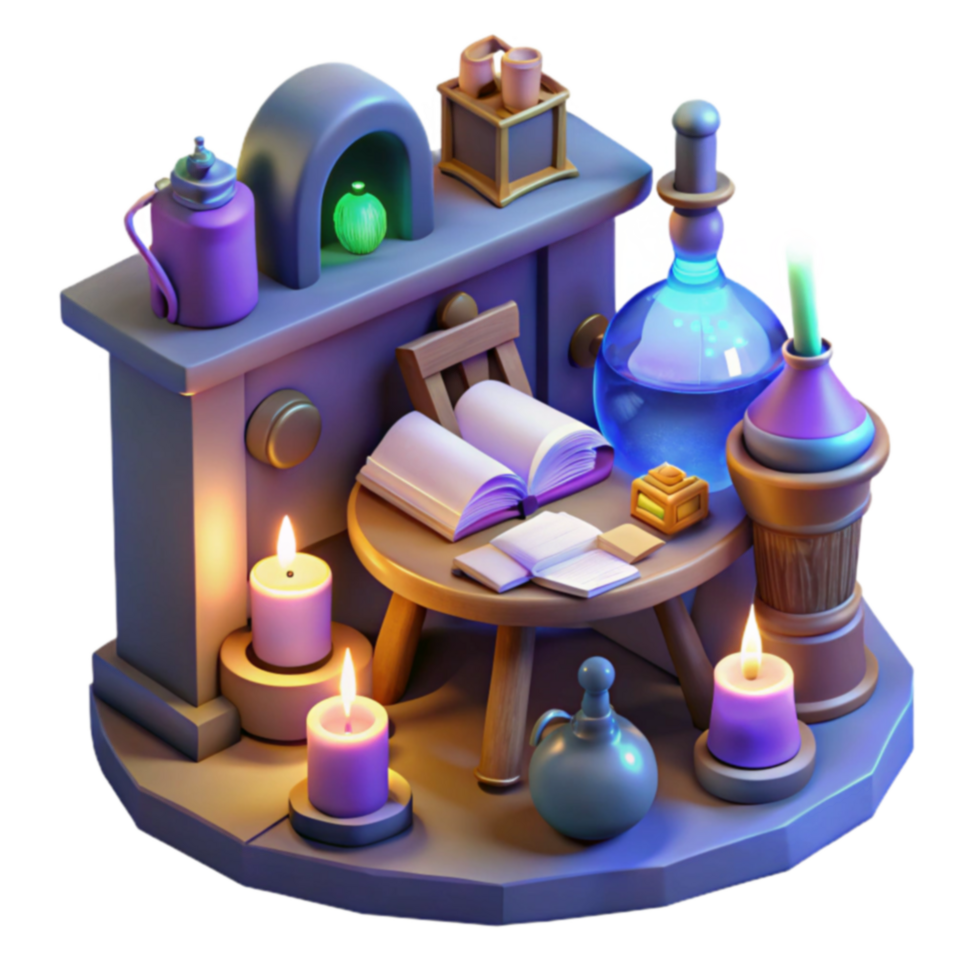 Mystical Alchemy Workshop Candles, Potions, and Books png