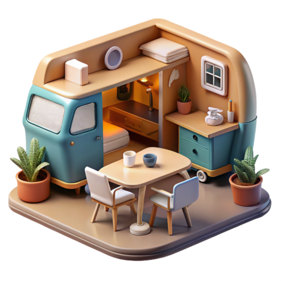 Cozy Camper Van Interior Design 3D Render of a Retro RV png