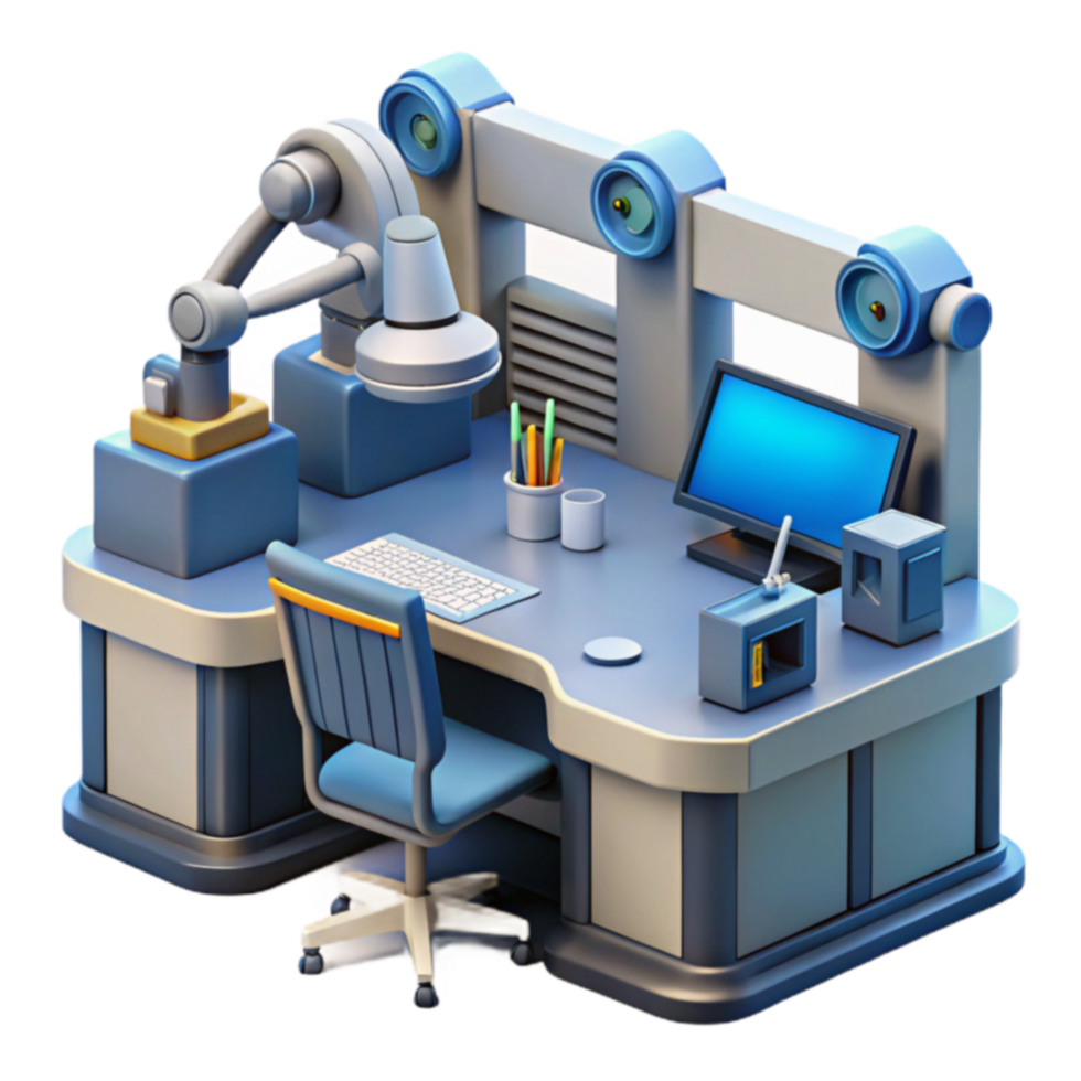 Futuristic Workstation Robotic Arm, Computer, Desk Setup png