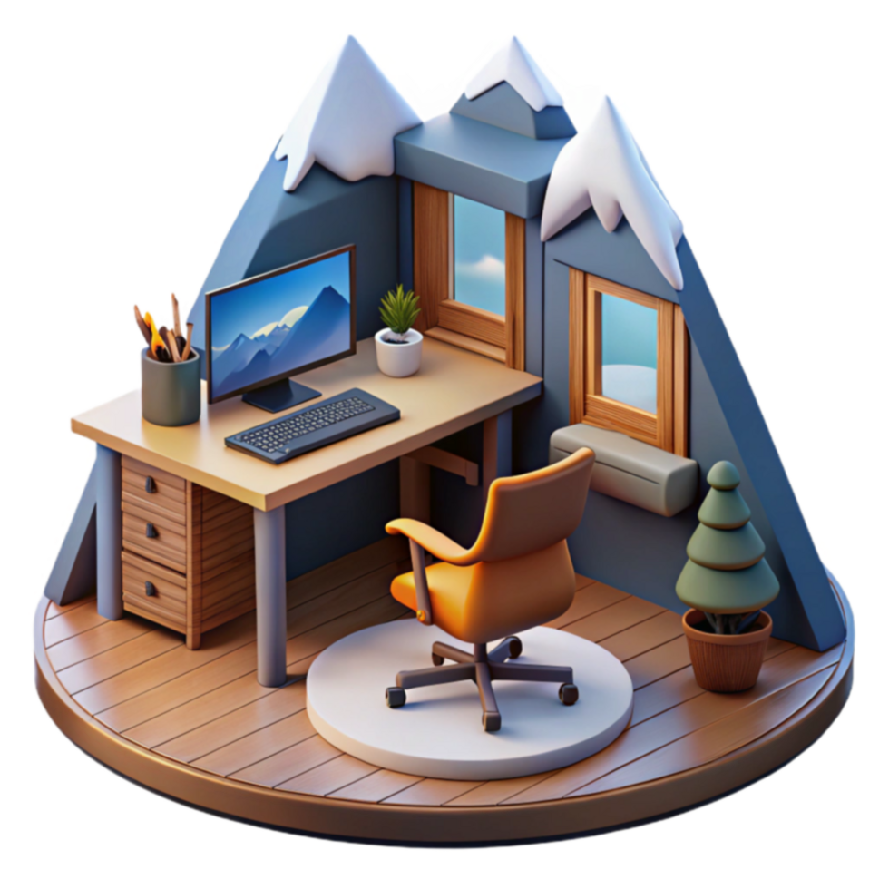 Cozy Mountain Workspace 3D Render of Home Office png