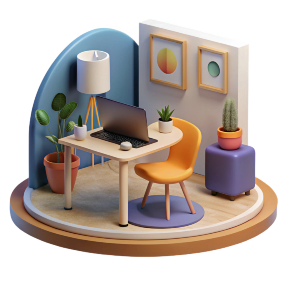 Modern Home Office Workspace Desk, Chair, Plants png