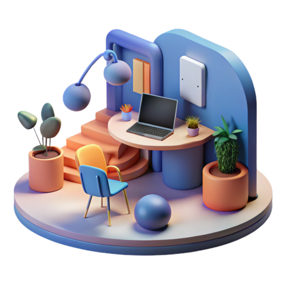 Modern Home Office Setup 3D Render of Cozy Workspace png