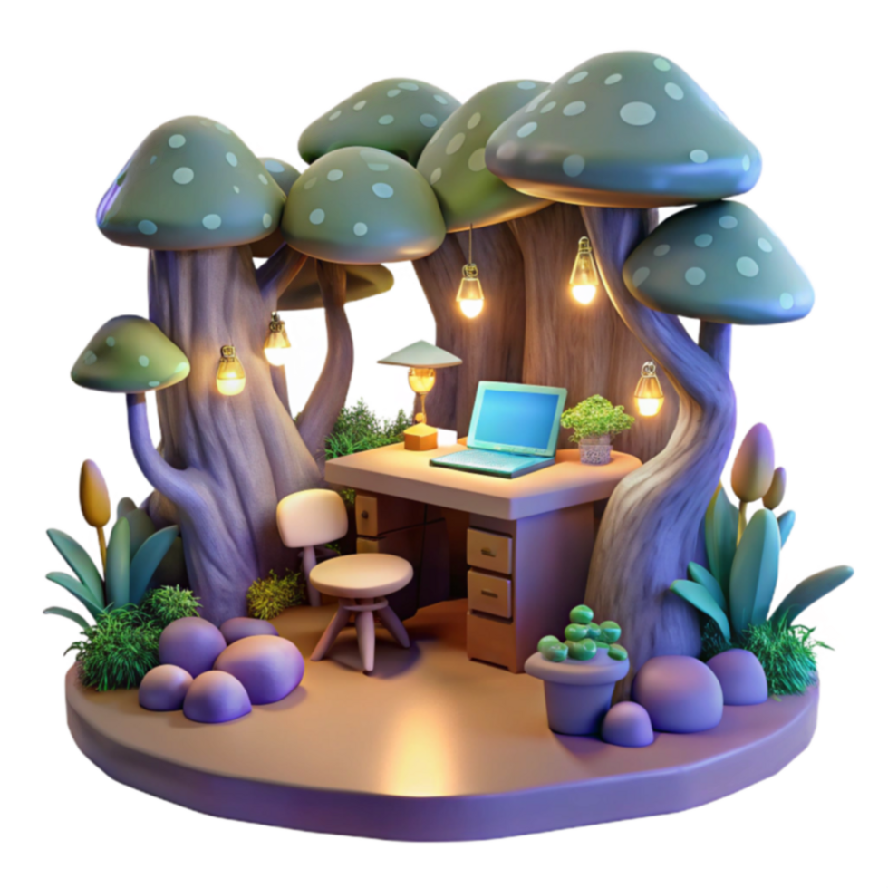 Enchanted Forest Workspace 3D Render of a Magical Desk png
