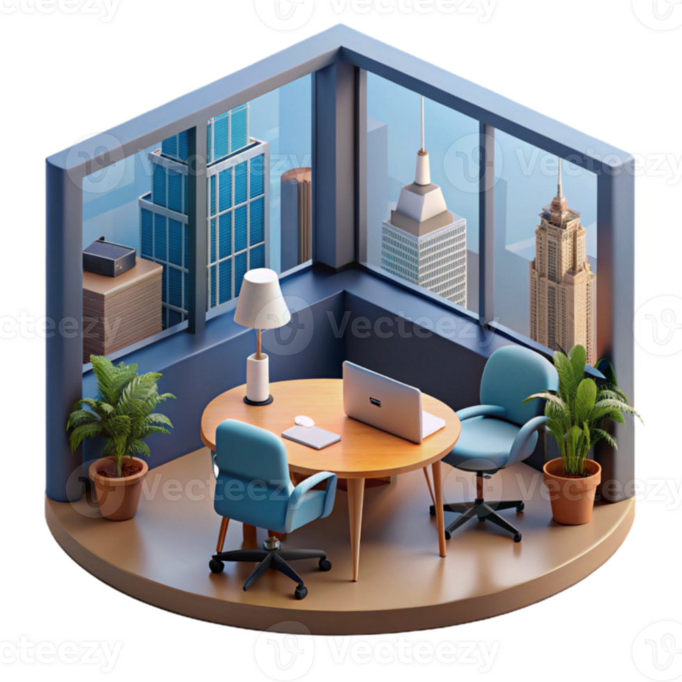 Modern Office Space City View, Desk, Chairs, Plants png