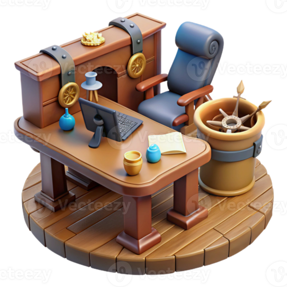 Wooden Desk, Chair, Compass 3D Render png