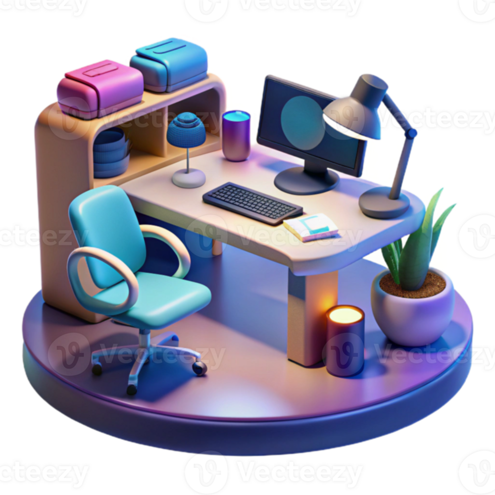 Modern Home Office Setup Desk, Chair, Computer, and Decor png