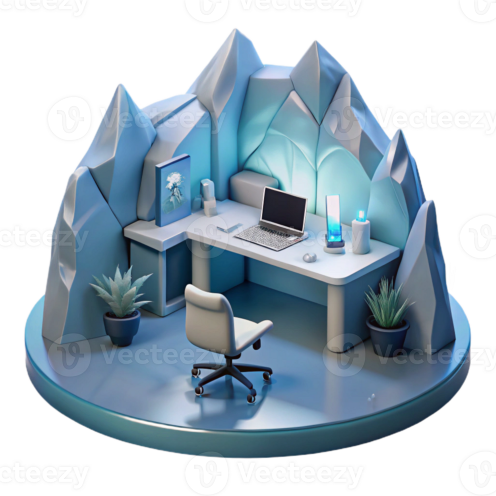 Serene Ice Cave Workspace 3D Render of a Minimalist Home Office png