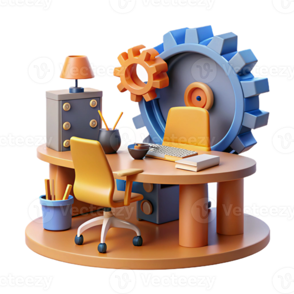 Productivity Workspace 3D Render of Desk with Gears png
