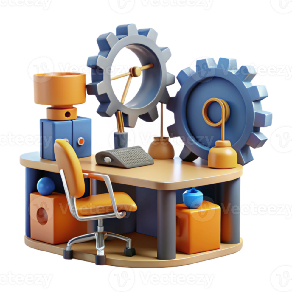 Gears, Desk, Office, Productivity, Workspace, 3D Render, Mechanism, Machine, Design, Innovation png