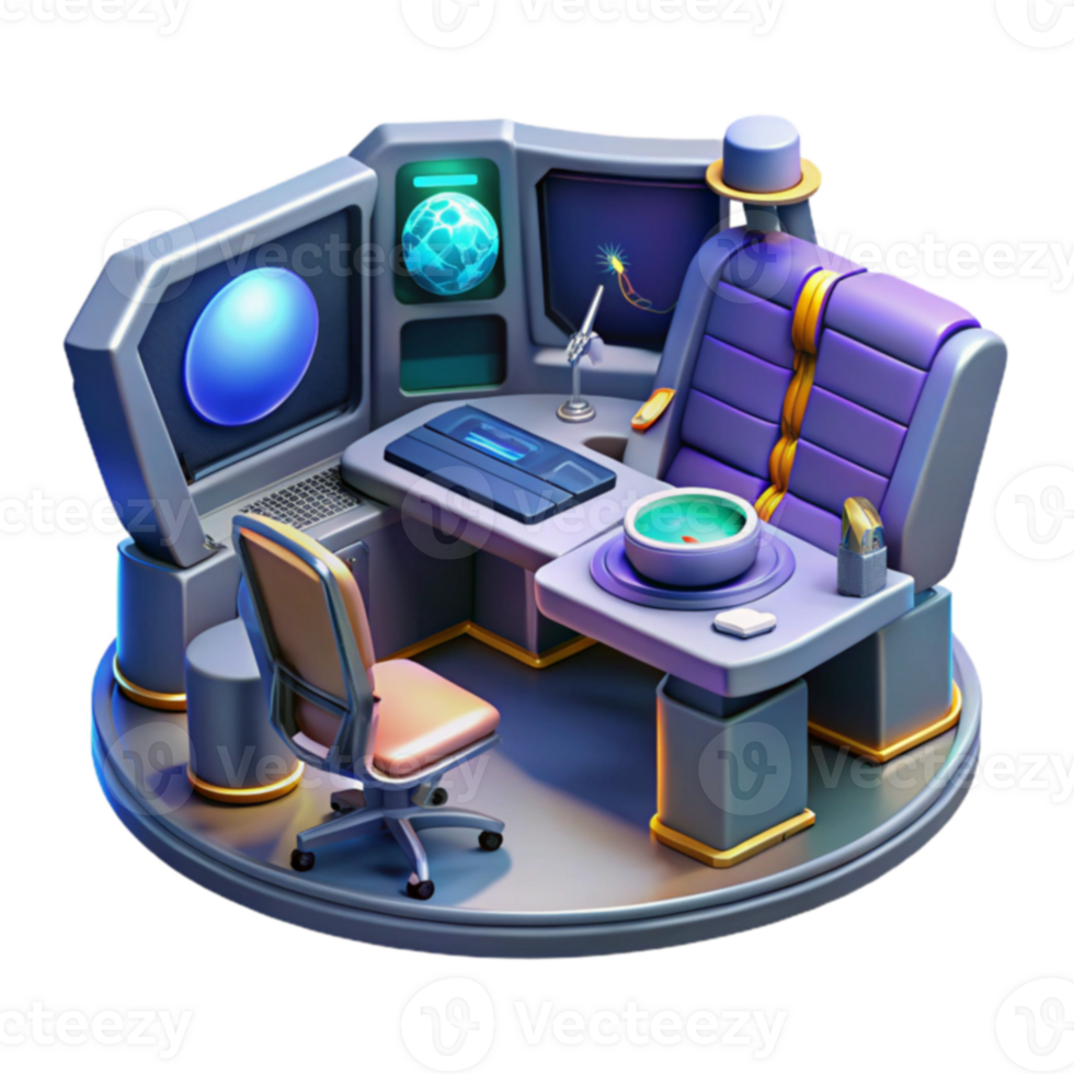 Futuristic Workstation Desk, Chair, Monitors, and Controls png