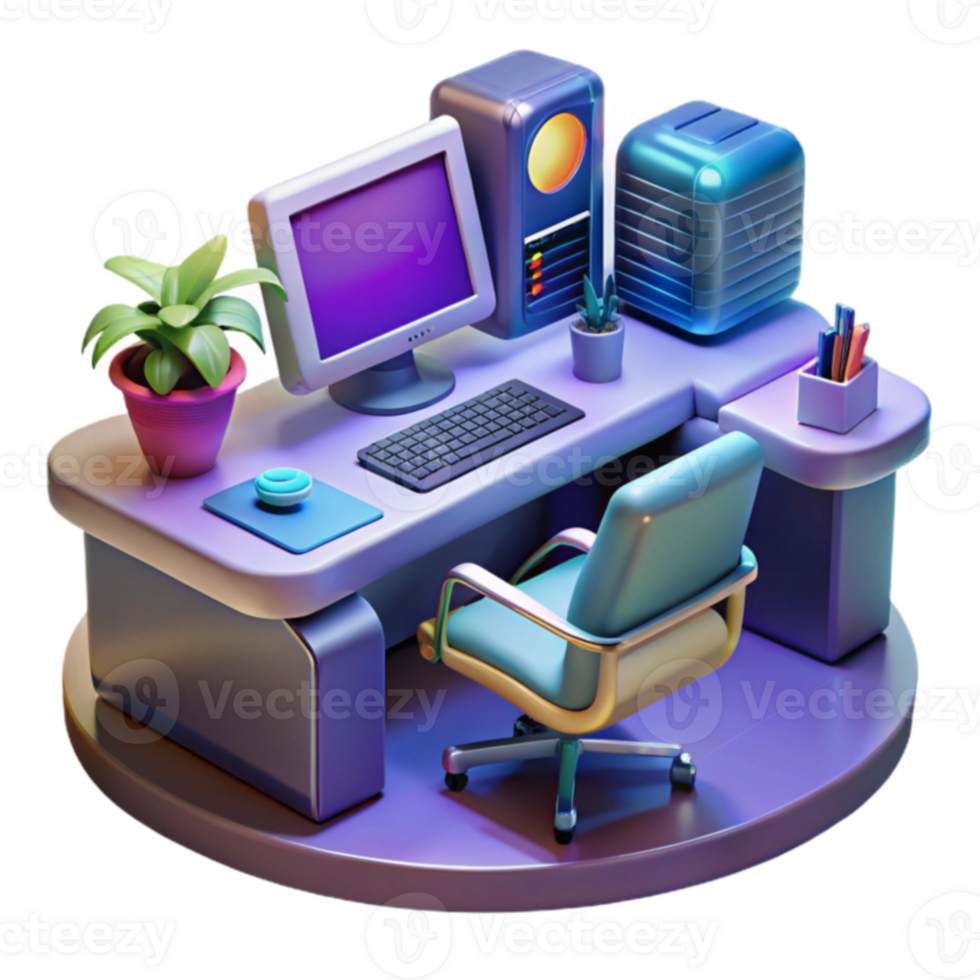 Modern Home Office Setup Desk, Computer, Chair, and Plants png