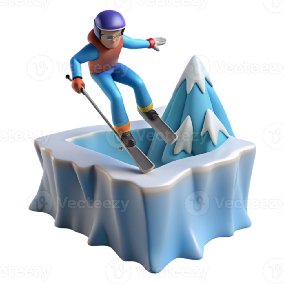 Skiing Adventure 3D Cartoon Skier Jumps Snowy Peak png
