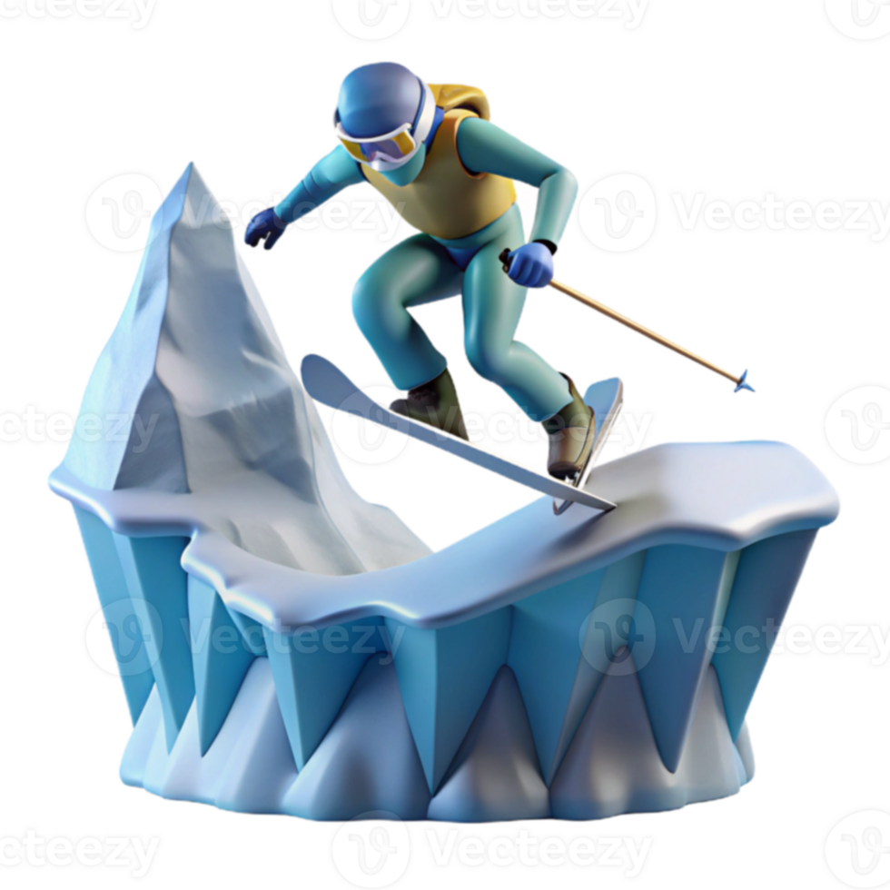 Skiing Down a Snowy Mountain Peak 3D Render png