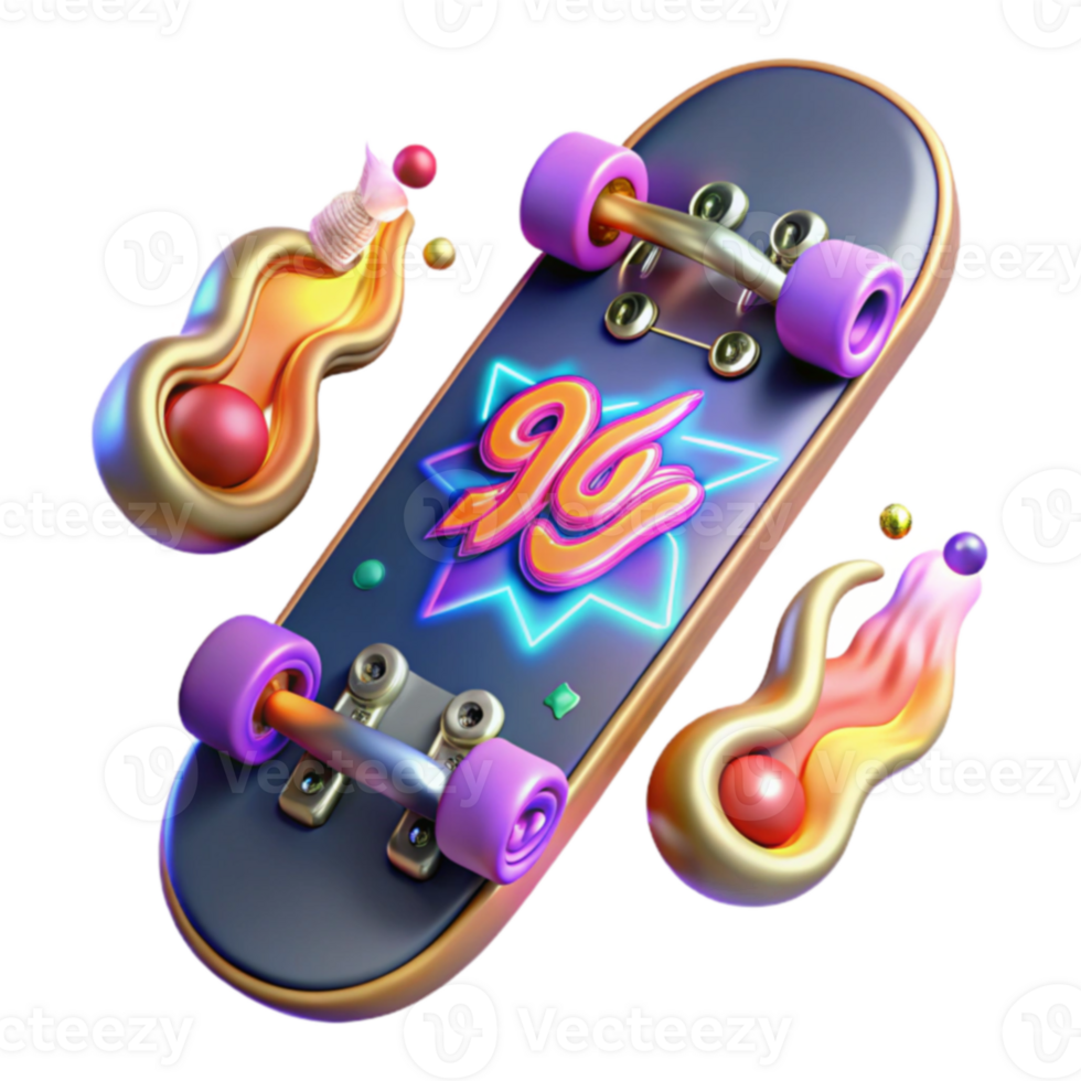90s patineta retro diseño con fuego gráficos png