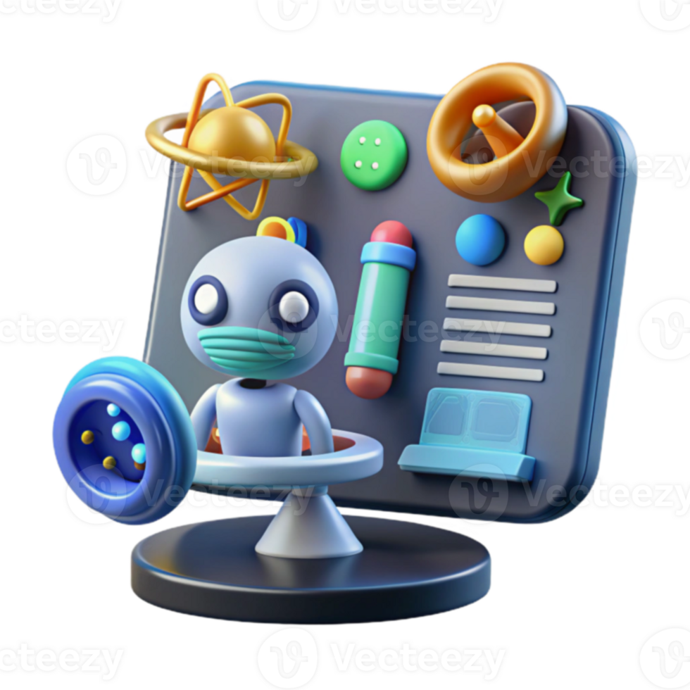 Cute Robot at Control Panel 3D Render of Futuristic Technology png