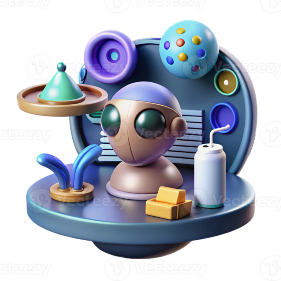 3D Render of Futuristic Robot with Colorful Objects png