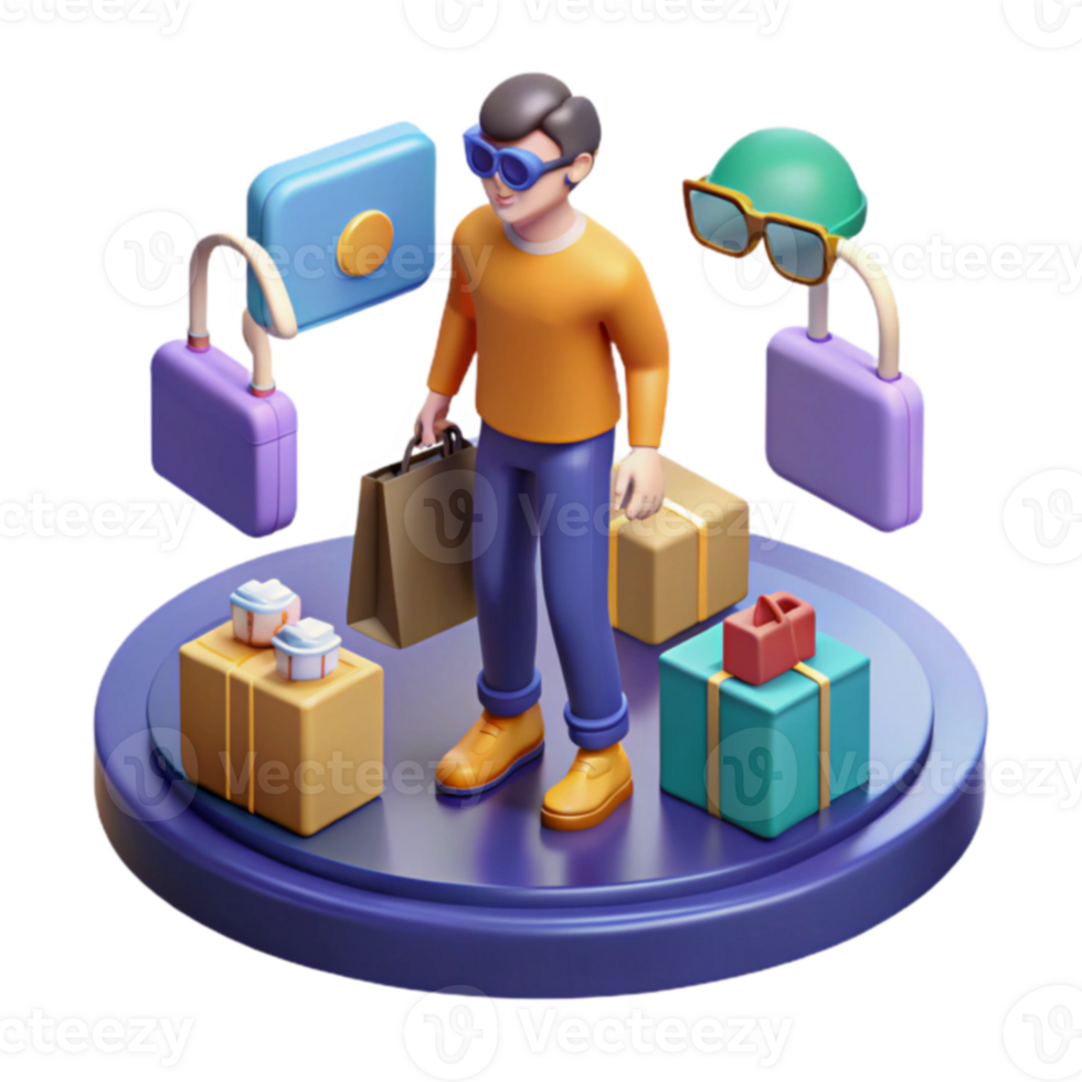 Online Shopping, Secure Delivery, Gift Boxes, Packages, Happy Customer, E-commerce, 3D Render, Retail, Shopping Bags png