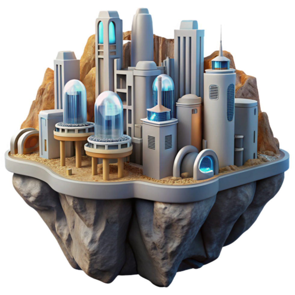 Futuristic Floating City Architectural Design in a Desert Oasis png