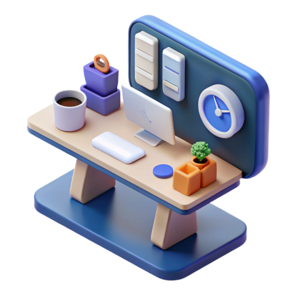 Modern Desk Setup Productivity Workspace with Computer, Plants, and Clock png