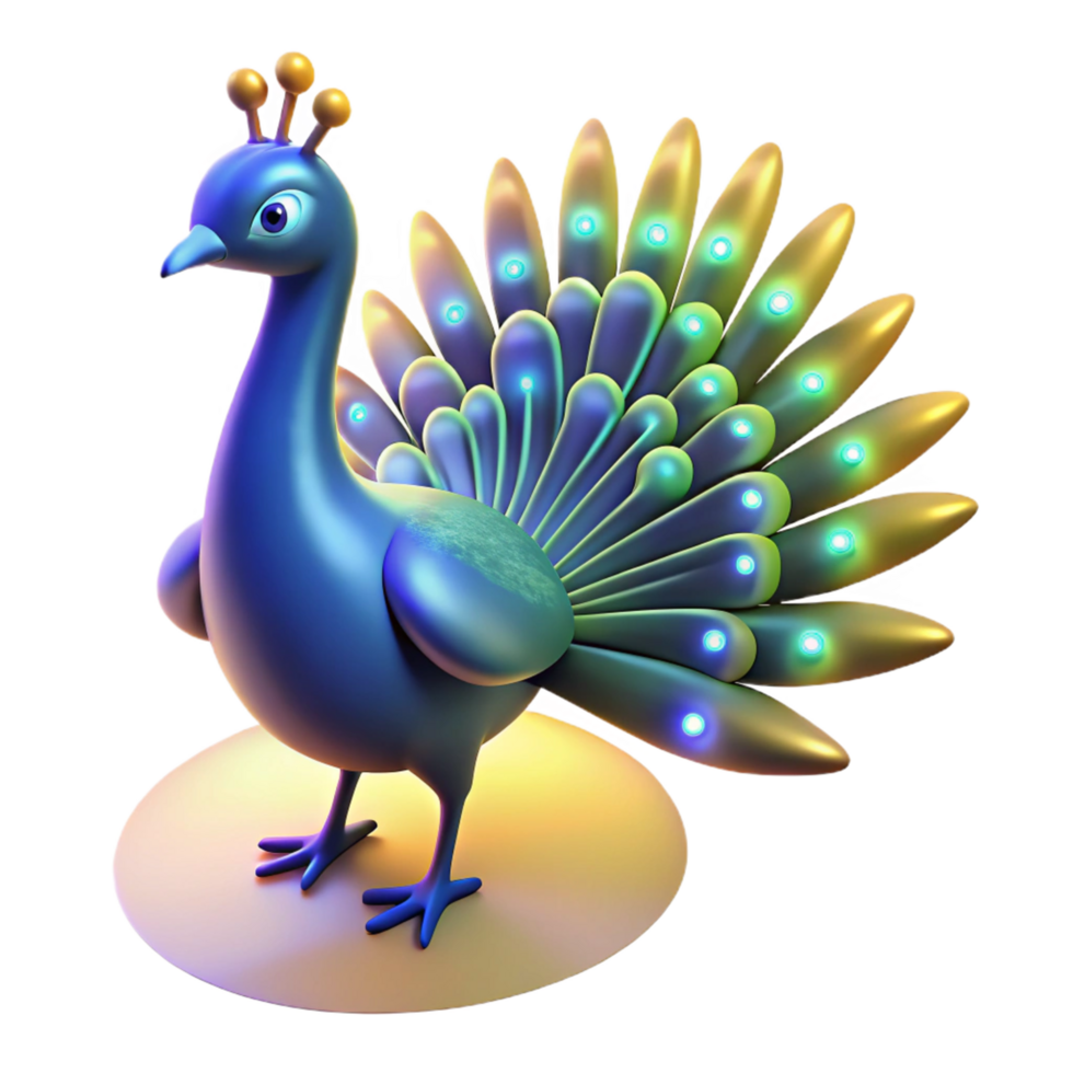 magnificent minimalist 3D Cartoon Peacock Illustration high quality png