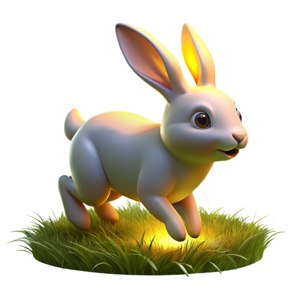 stunning modern Adorable 3D Render of a White Bunny Hopping on Lush Green Grass, Glowing Paws Illustration authentic png
