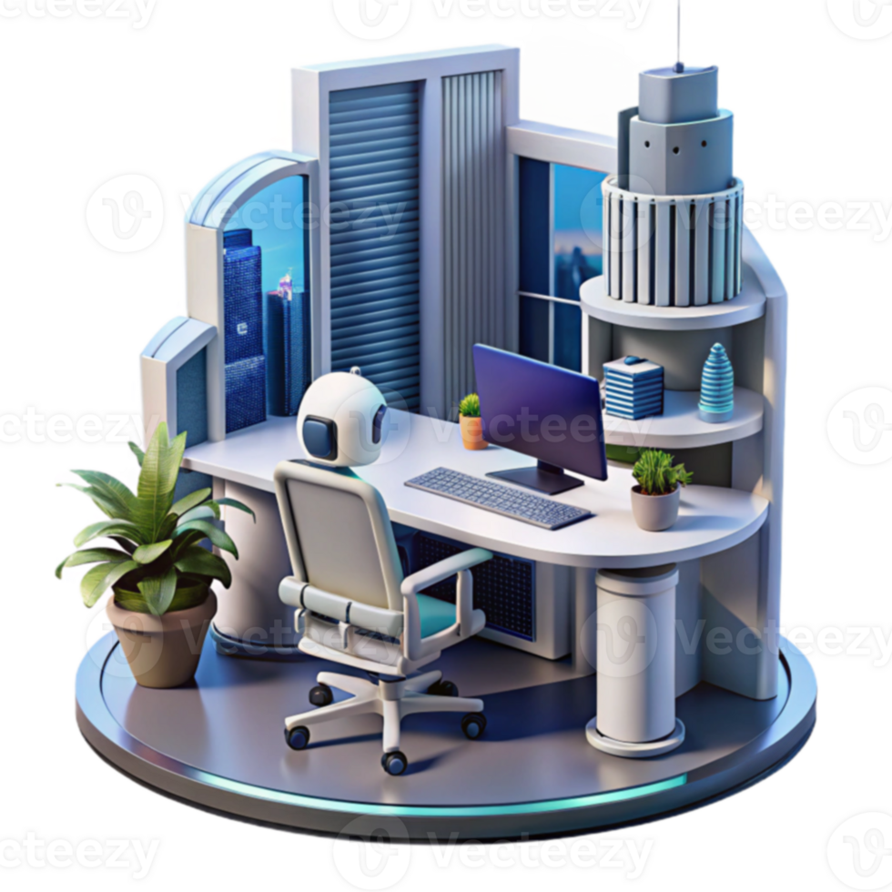 Futuristic Office Workspace with AI Assistant png