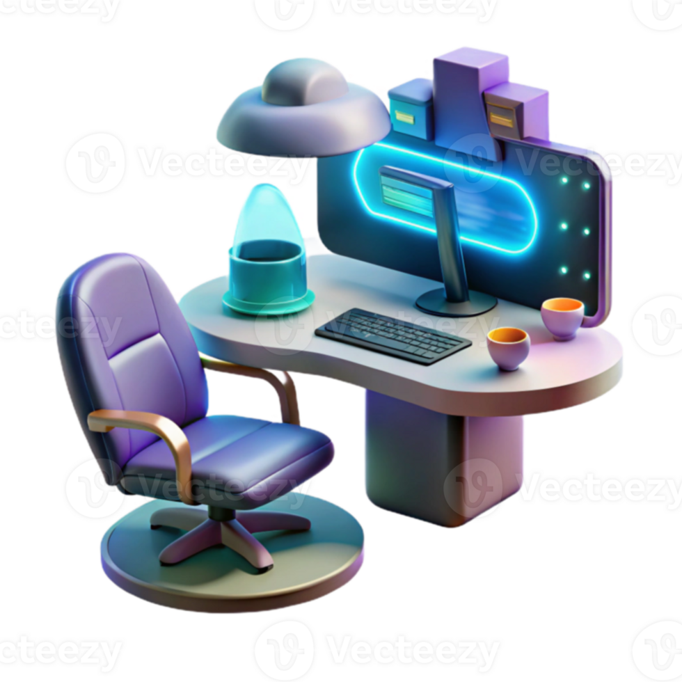 Cyberpunk Desk Setup Neon Glow, Ergonomic Chair, and Modern Tech png