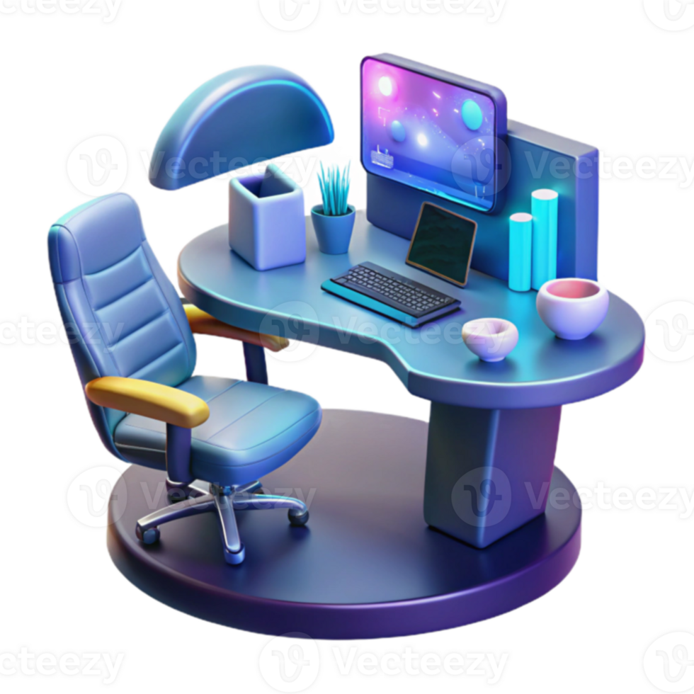 Modern Home Office Setup Ergonomic Chair, Computer Desk, and Accessories png