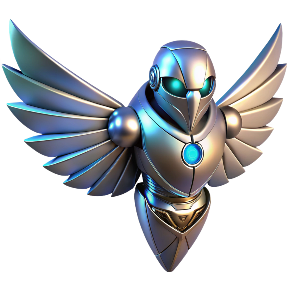 wonderful classic Metallic Winged Robot 3D Render authentic png